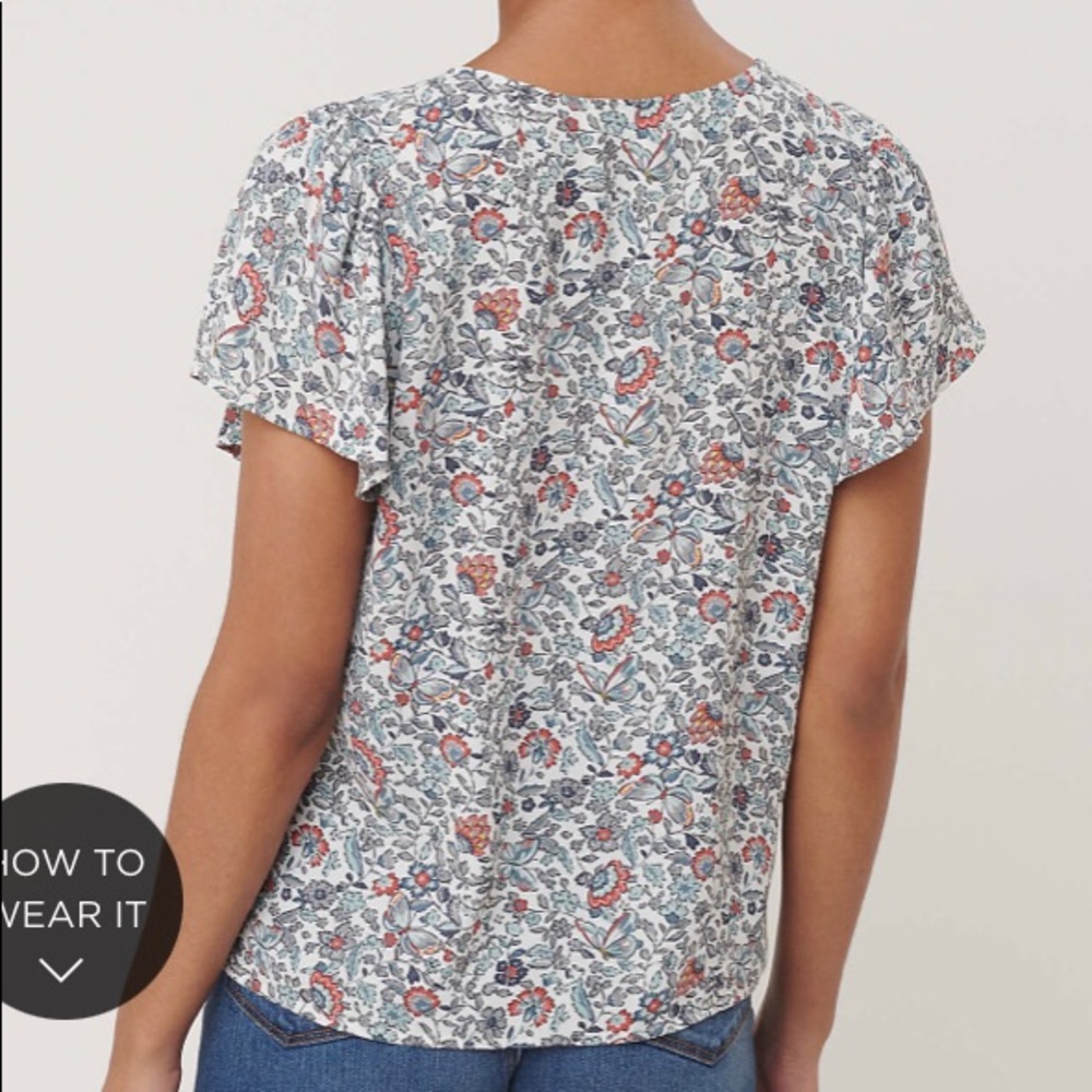 LOFT White Floral V-Neck Flutter Sleeve Blouse with Blue and Coral Accents - Picture 3 of 5
